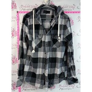 West forty nine plaid Men's Lightweight Black & Gray Plaid Hooded Shirt Jacket